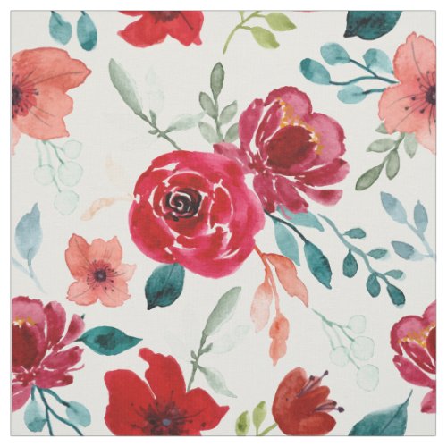 Pink Red Watercolor Flowers Teal Leaves White Fabric
