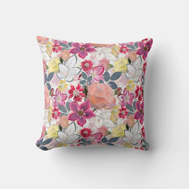 Pink, red watercolor flowers. throw pillow (Front)