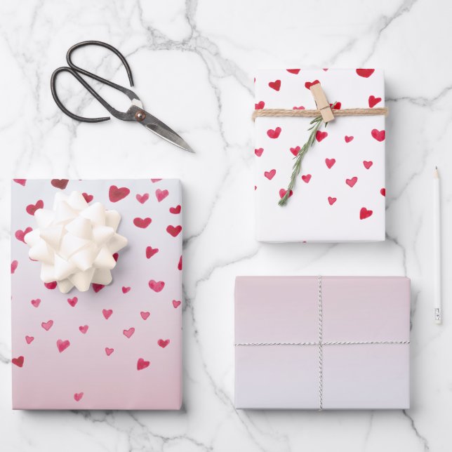 Pink Red Watercolor Hearts Wrapping Paper Sheets (Front)