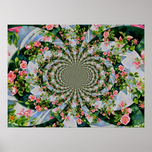 Pink red watercolor roses abstract mandala floral poster