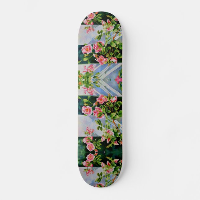 Pink red watercolor roses florals flowers skateboard deck (Front)