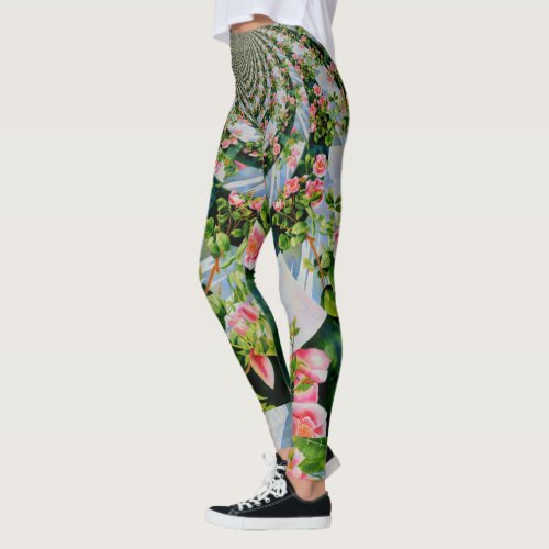 Pink red watercolor roses mandala zen botanical leggings