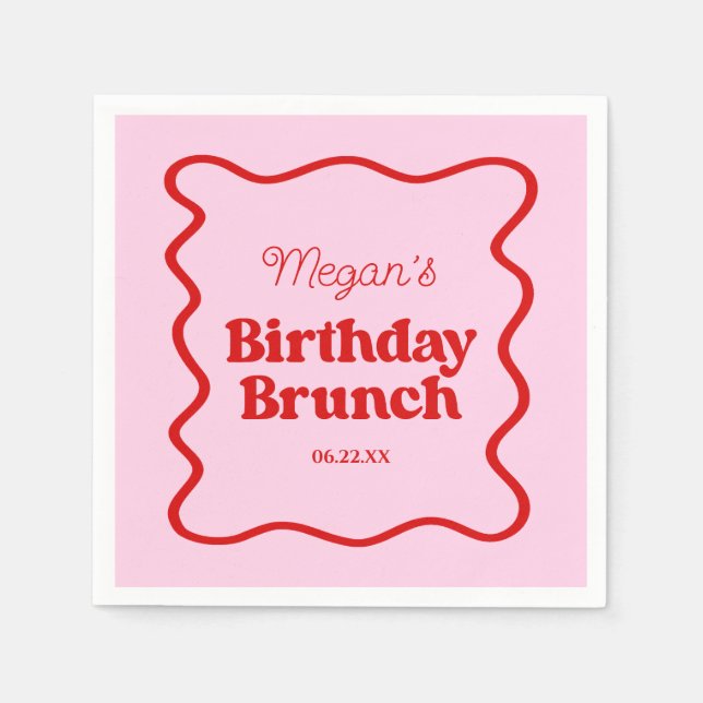 Pink Red Wavy Border Birthday Brunch Party Napkins (Front)