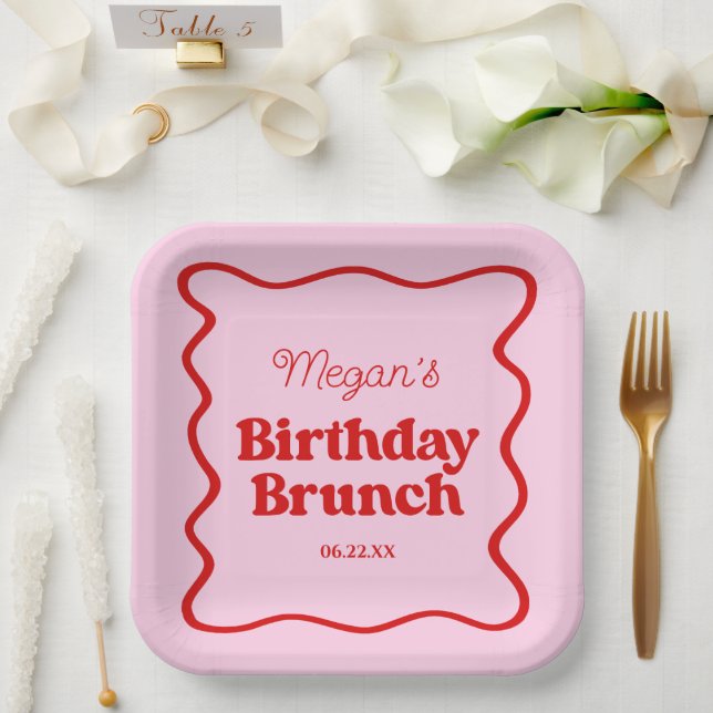 Pink Red Wavy Border Birthday Brunch Party Paper Plates (Wedding)