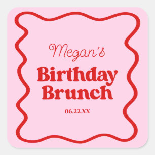 Pink Red Wavy Border Birthday Brunch Party Square Sticker
