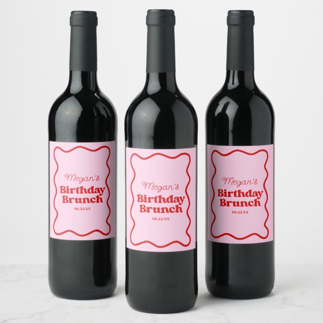 Pink Red Wavy Border Birthday Brunch Party Wine Label (Bottles)