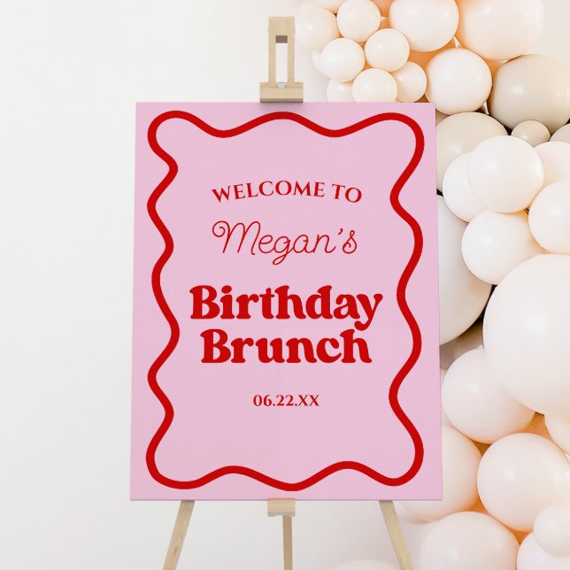 Pink Red Wavy Border Birthday Brunch Welcome Sign (Creator Uploaded)