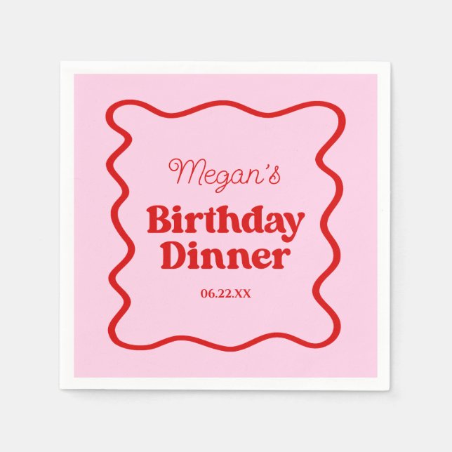 Pink Red Wavy Border Birthday Dinner Party Napkins (Front)
