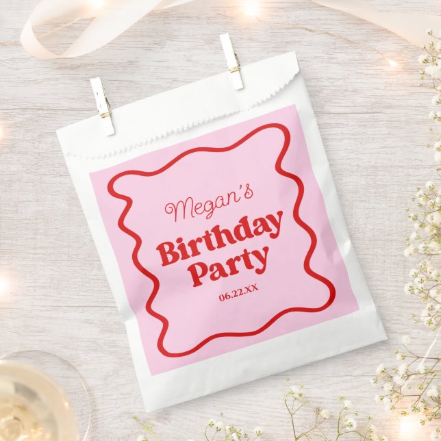 Pink Red Wavy Border Birthday Party Favor Bag (Clipped)
