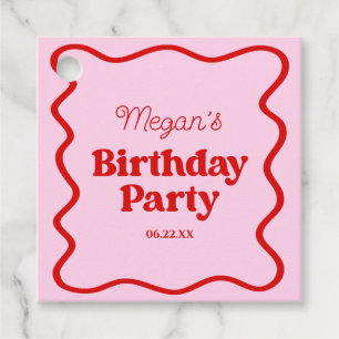 Pink Red Wavy Border Birthday Party Favor Tags