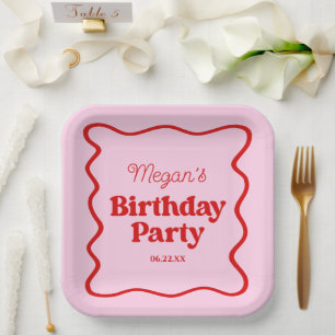 Pink Red Wavy Border Birthday Party Paper Plates