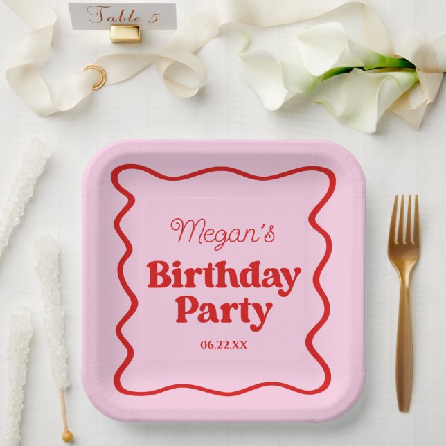 Pink Red Wavy Border Birthday Party Paper Plates (Wedding)