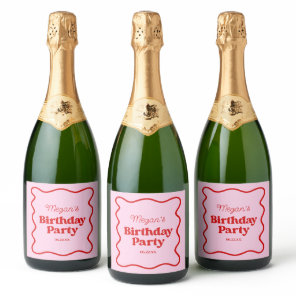Pink Red Wavy Border Birthday Party Sparkling Wine Label