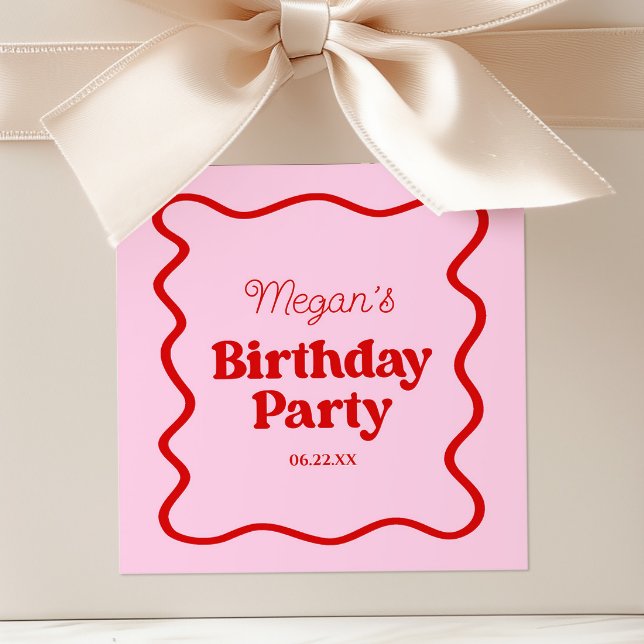 Pink Red Wavy Border Birthday Party Square Sticker (Creator Uploaded)