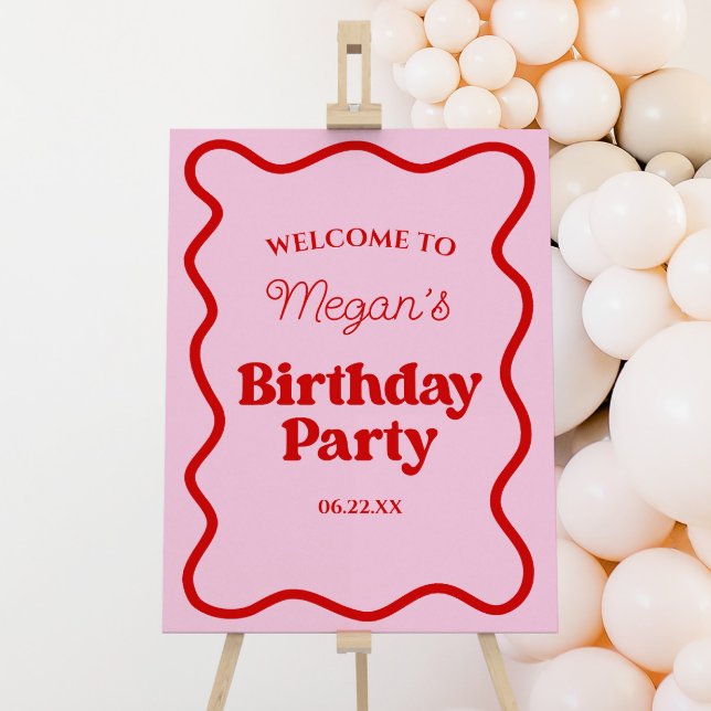 Pink Red Wavy Border Birthday Party Welcome Sign (Creator Uploaded)
