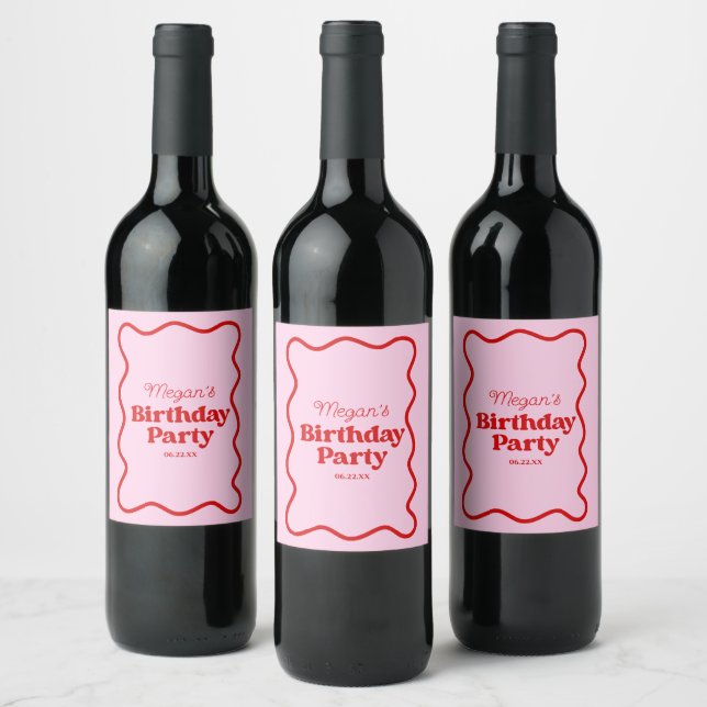 Pink Red Wavy Border Birthday Party Wine Label (Bottles)