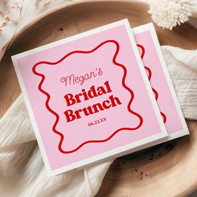 Pink Red Wavy Border Bridal Shower Brunch Napkins (Creator Uploaded)