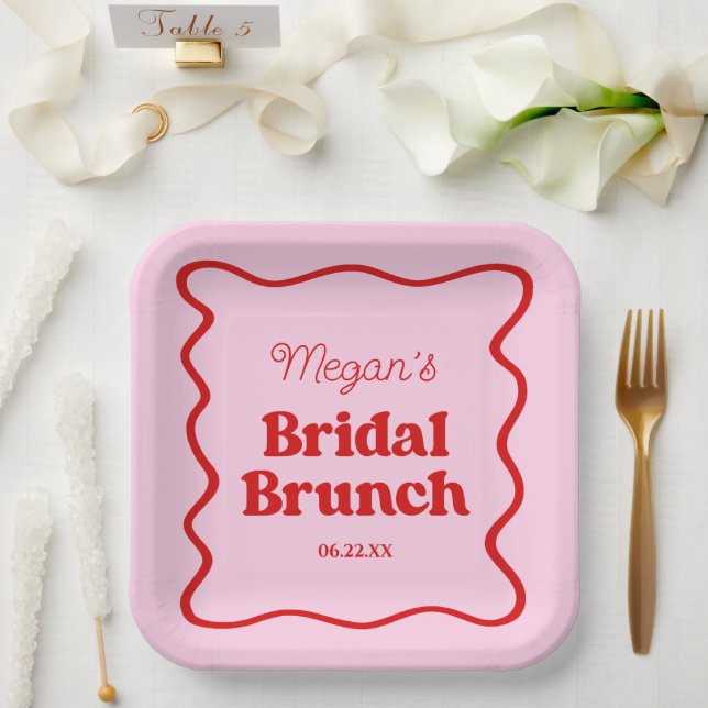 Pink Red Wavy Border Bridal Shower Brunch Paper Plates (Wedding)