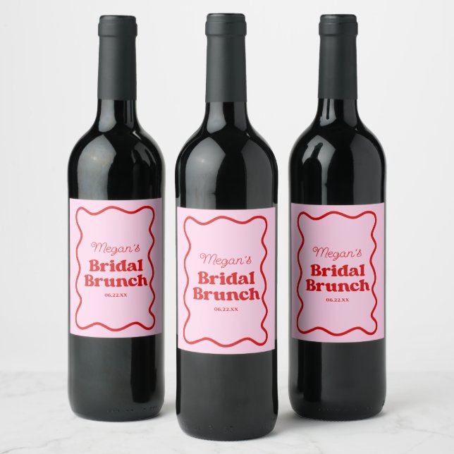 Pink Red Wavy Border Bridal Shower Brunch Wine Label (Bottles)