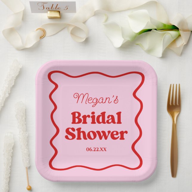 Pink Red Wavy Border Bridal Shower Paper Plates (Wedding)