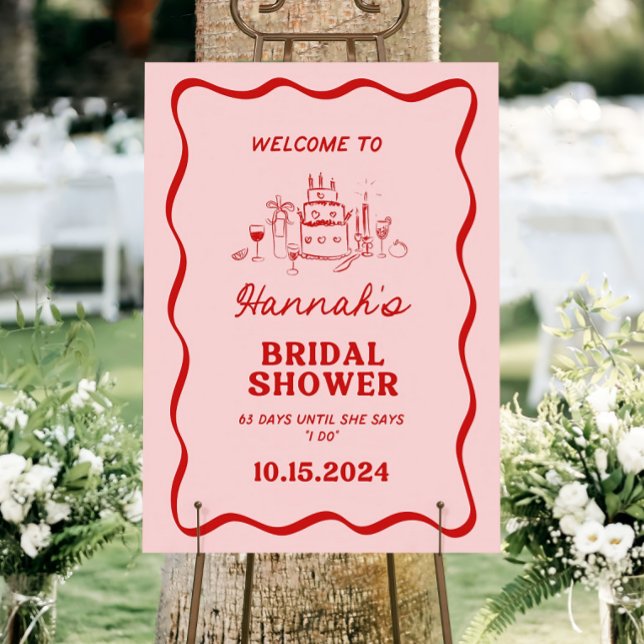 Pink + Red Wavy Border Bridal Shower Sign Template (Creator Uploaded)