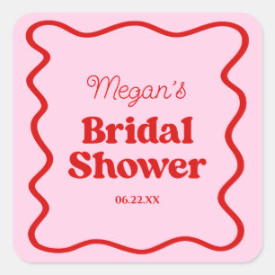Pink Red Wavy Border Bridal Shower Square Sticker