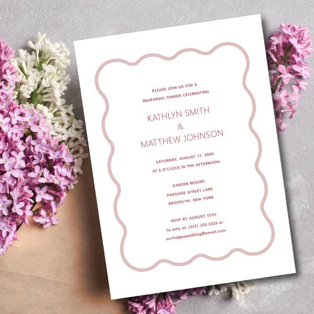 Pink Red Wavy Border Modern Retro Rehearsal Dinner Invitation (Creator Uploaded)