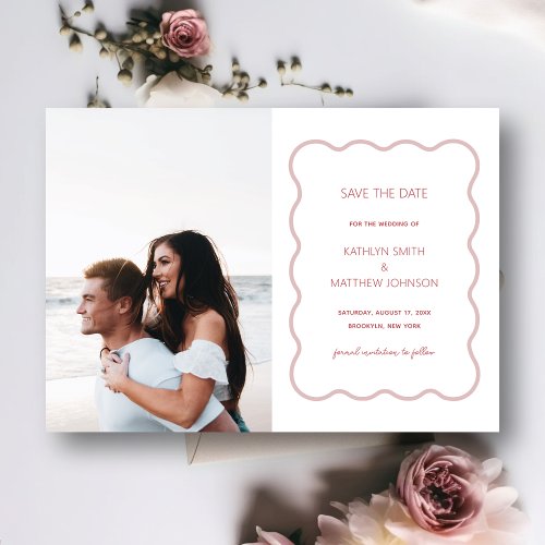 Pink Red Wavy Border Modern Retro Save The Date Magnetic Invitation