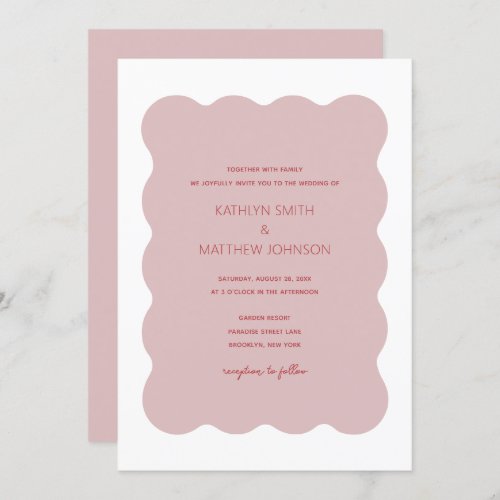 Pink Red Wavy Border Modern Retro Wedding Invitation