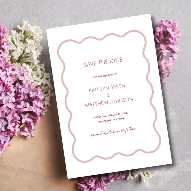 Pink Red Wavy Border Modern Retro Wedding Save The Date (Creator Uploaded)
