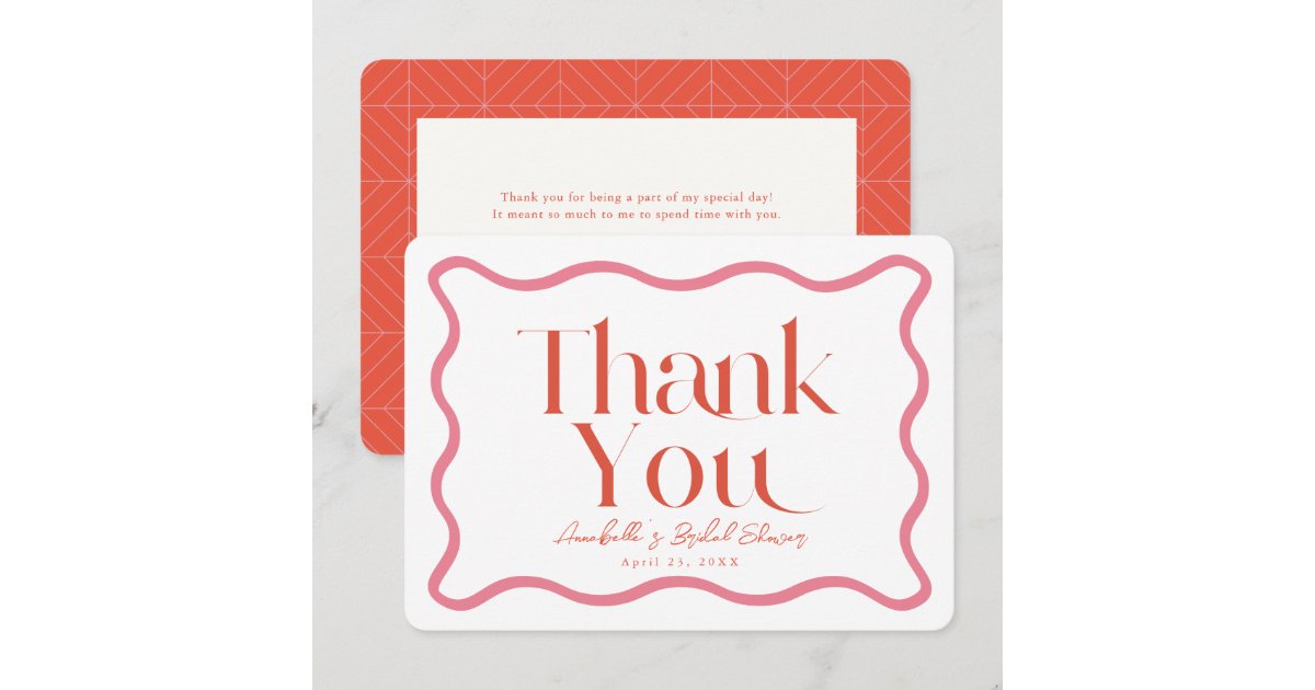 Pink & Red Wavy Frame Bridal Shower Thank You Note Card | Zazzle