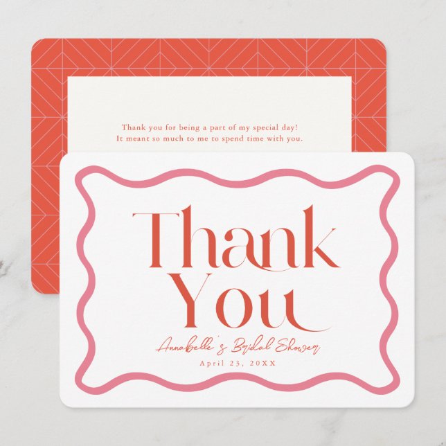 Pink & Red Wavy Frame Bridal Shower Thank You Note Card (Front/Back)