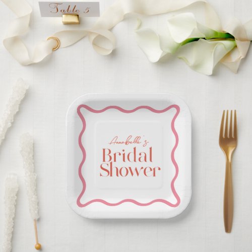 Pink  Red Wavy Frame Trendy Bridal Shower Paper Plates