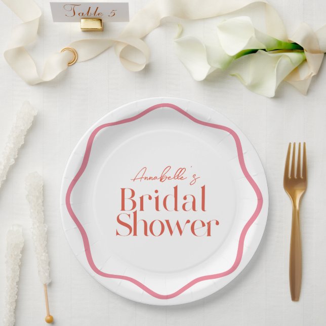 Pink & Red Wavy Frame Trendy Bridal Shower Paper Plates (Wedding)