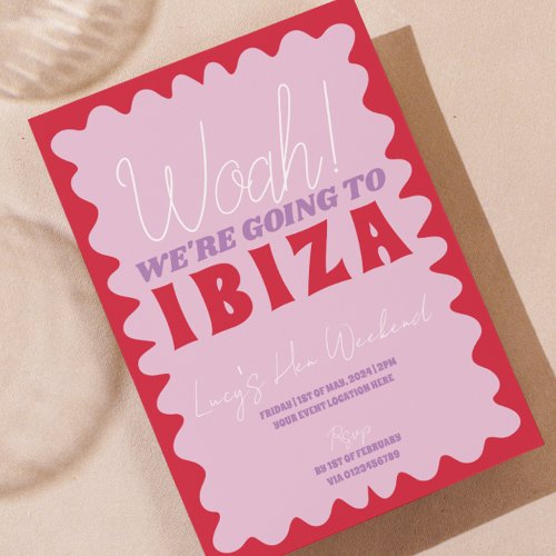 Pink Red Wavy Ibiza Hen Weekend Party Invitation