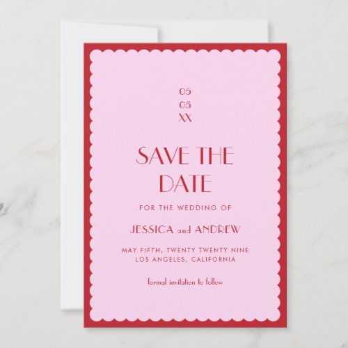 Pink  Red Wavy Photo Retro Seventies Wedding Save The Date