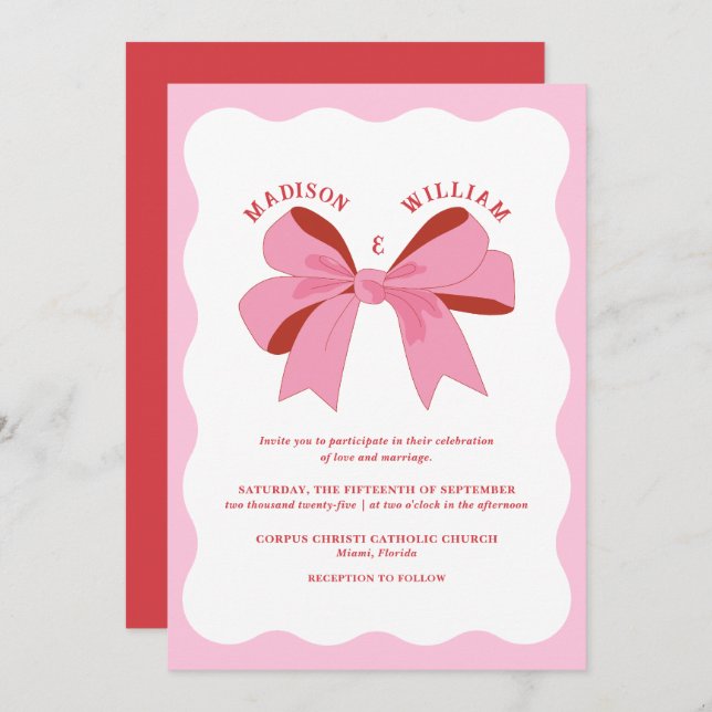 Pink Red Wavy Retro Wedding Invitation (Front/Back)