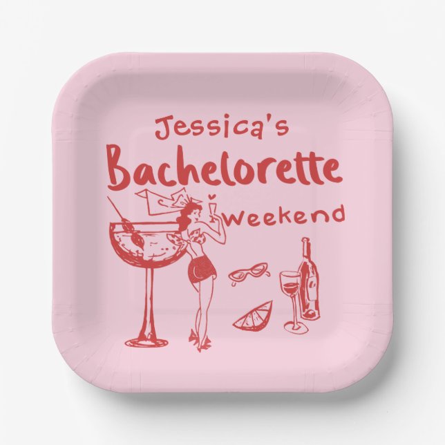 Pink Red Whimsical Beach Bachelorette Party Paper Plates (Front)
