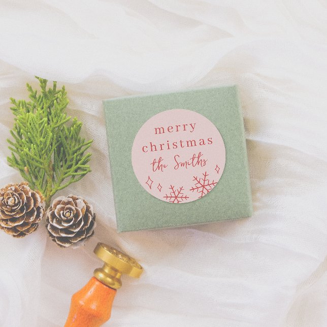 Pink & Red Whimsical Christmas Snowflake Family Classic Round Sticker (Creator Uploaded)