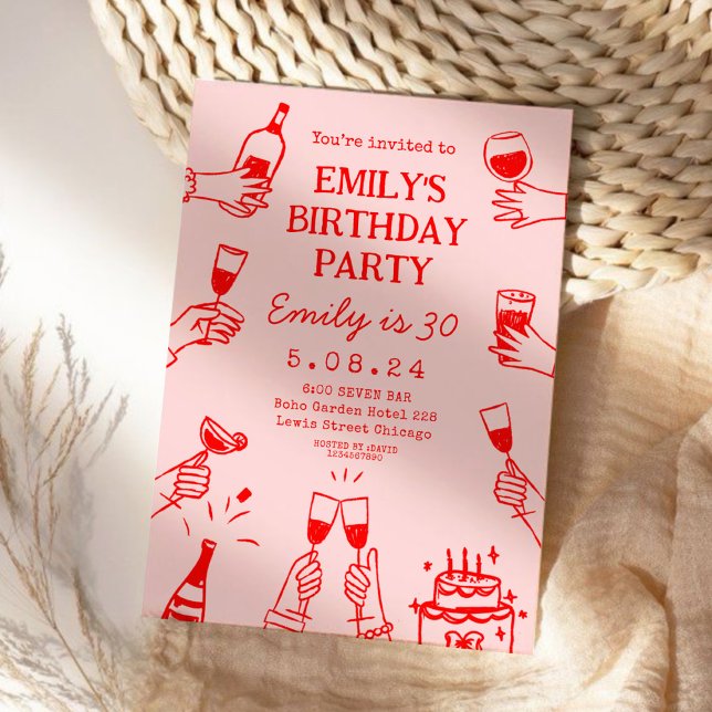 Pink Red Whimsical Hand Drawing Funky Birthday Invitation (Creator Uploaded)