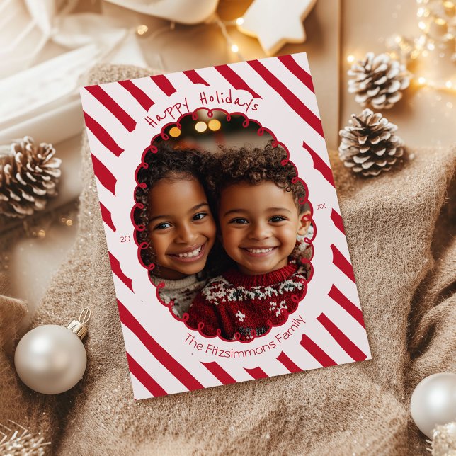 Pink & Red Whimsical Striped Holiday Photo (Hand Drawn Candy Cane Striped Photo card)