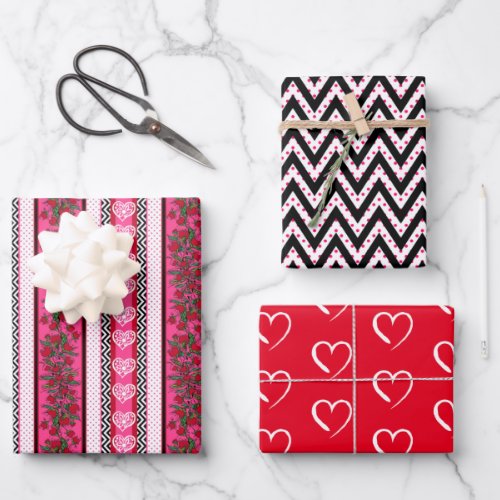 Pink Red White Black Valentines Hearts  Flowers Wrapping Paper Sheets
