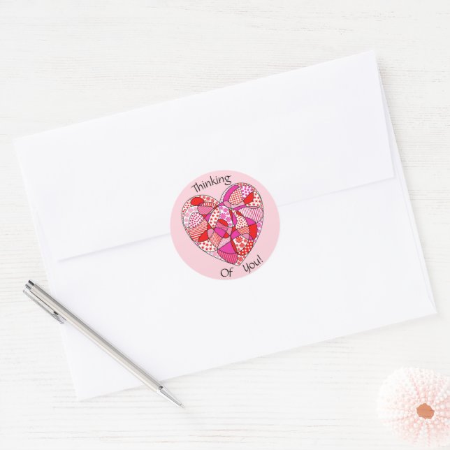 Pink Red White Doodle Pattern Heart Round Sticker (Envelope)