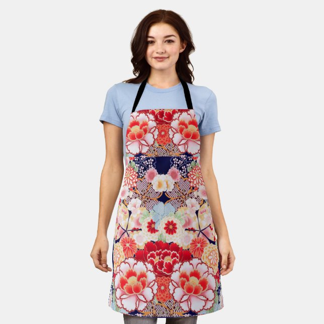 PINK RED WHITE FLOWERS Peony,Roses Japanese Floral Apron (Worn)