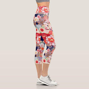 PINK RED WHITE FLOWERS Peony,Roses Japanese Floral Capri Leggings