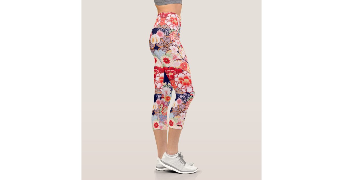 Pink Rose Abstract Capris Tights, Floral Print Women's Yoga Capri Pants  Leggings With Pockets- Made In USA