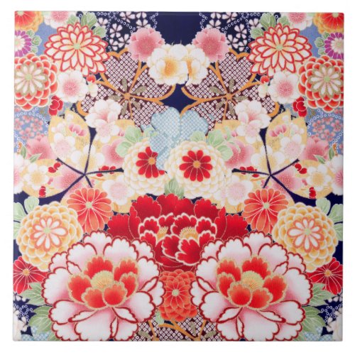 PINK RED WHITE FLOWERS PeonyRoses Japanese Floral Ceramic Tile