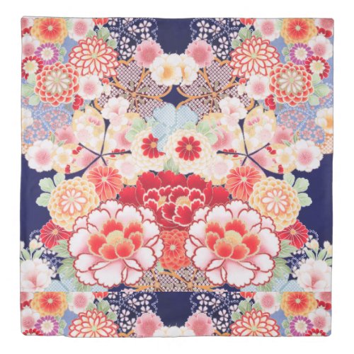 PINK RED WHITE FLOWERS PeonyRoses Japanese Floral Duvet Cover