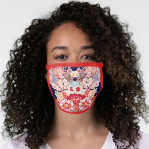 PINK RED WHITE FLOWERS PeonyRoses Japanese Floral Face Mask