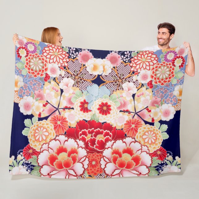 PINK RED WHITE FLOWERS Peony,Roses Japanese Floral Fleece Blanket (In Situ)